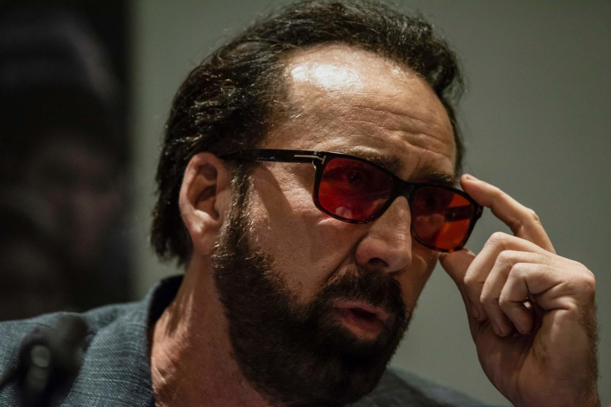 US actor Nicolas Cage speaks during a press conference for his new movie "Jiu Jitsu" in the Cypriot capital Nicosia on June 29, 2019. - The movie is currently being filmed in Cyprus. (Photo by Iakovos Hatzistavrou / AFP)        (Photo credit should read IAKOVOS HATZISTAVROU/AFP/Getty Images)