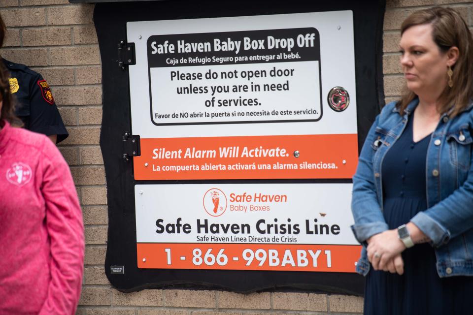 The front door of the drop off photographed as Safe Haven founder Monica Kelsey speaks at the unveiling of the Safe Haven Baby Box at Jackson Fire Department Station 2 in Jackson, Tenn. on Sept. 13, 2023.