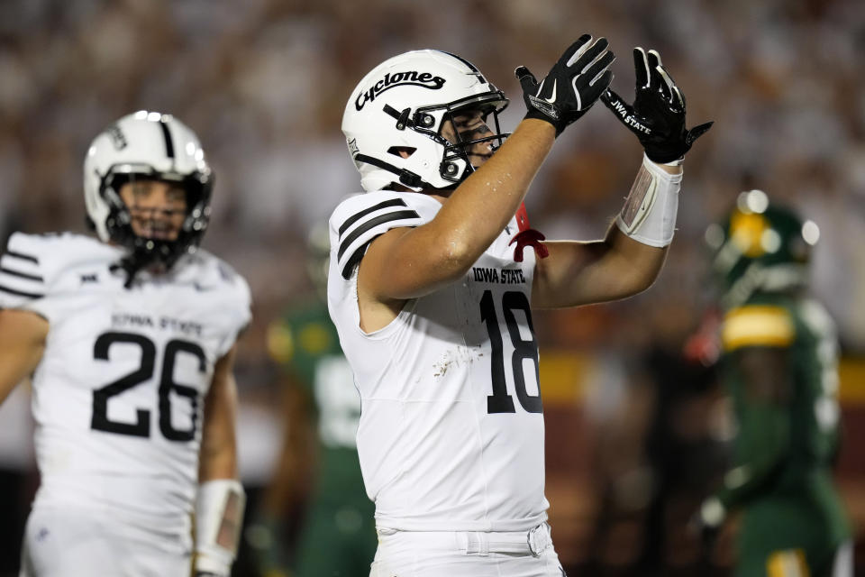 Iowa State tight end Benjamin Brahmer (18) celebrates after catching a touchdown pass during the first half of an NCAA college football game against Baylor, Saturday, Oct. 5, 2024, in Ames, Iowa. (AP Photo/Charlie Neibergall)