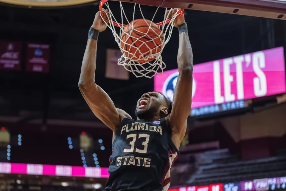 Florida State men's basketball post player Jaylan Gainey dunks the ball against NC State in an ACC Men's basketball game on Feb. 27, 2024, at the Donald L. Tucker Civic Center.