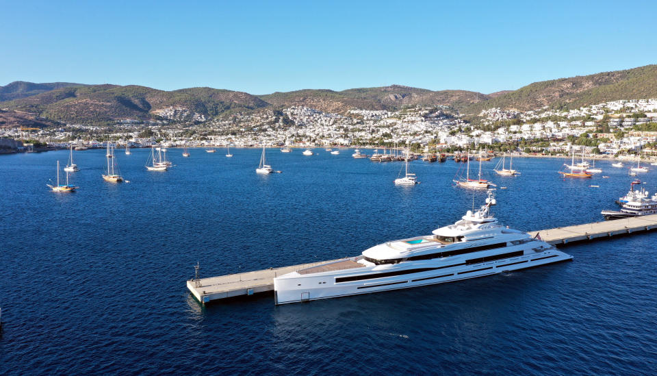 MUGLA, TURKEY - OCTOBER 09: 107-metre luxurious superyacht 'Lana' anchors in Bodrum of Mugla, Turkey on October 09, 2020. (Photo by Ali Balli/Anadolu Agency via Getty Images)