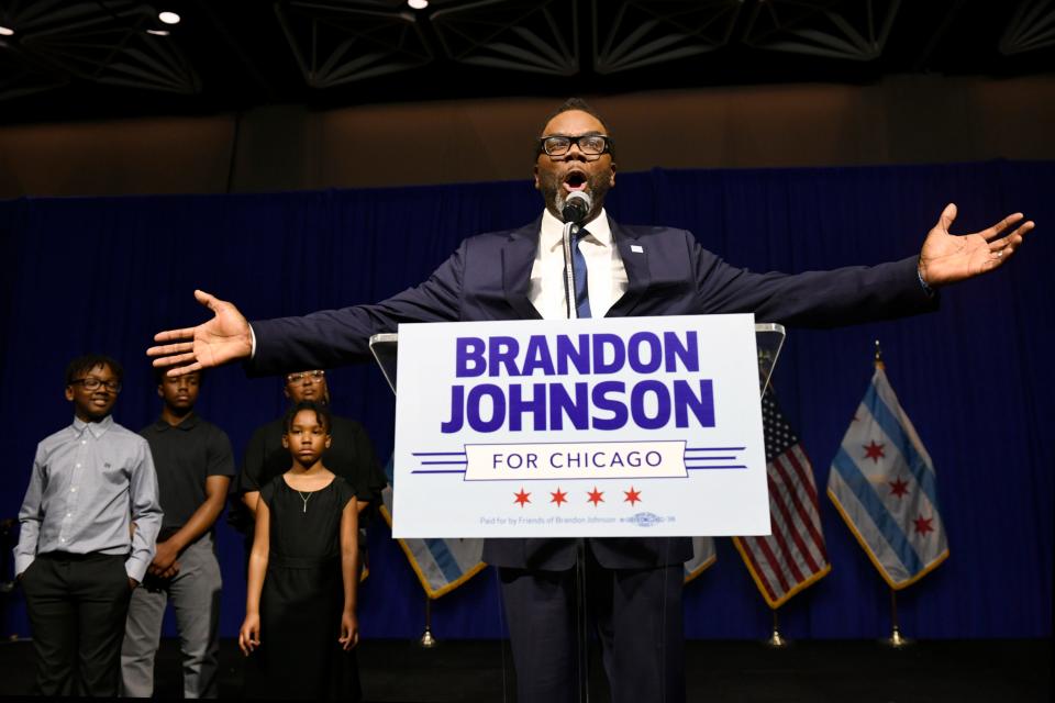 Chicago Mayor-elect Brandon Johnson celebrates with supporters after defeating Paul Vallas after the mayoral runoff election, late Tuesday, April 4, 2023, in Chicago.