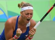 2016 Rio Olympics - Tennis - Preliminary - Women's Singles Second Round - Olympic Tennis Centre - Rio de Janeiro, Brazil - 08/08/2016. Petra Kvitova (CZE) of Czech Republic celebrates after winning her match against Caroline Wozniacki (DEN) of Denmark. REUTERS/Toby Melville