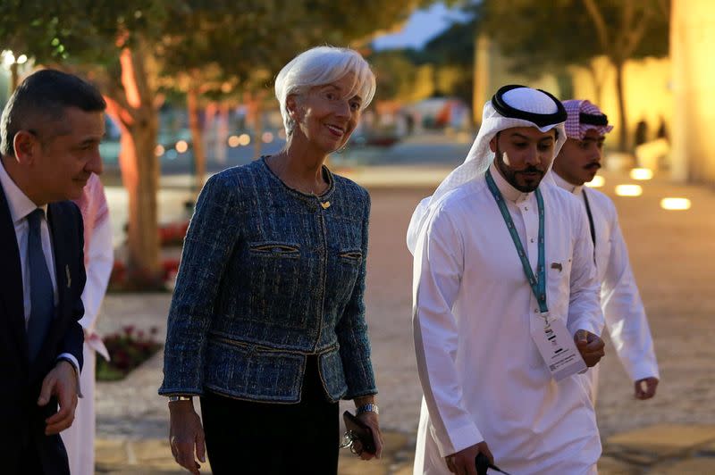 FILE PHOTO: European Central Bank President Christine Lagarde arrives for a welcome dinner at Saudi Arabia's Murabba Palace, during the G20 meeting of finance ministers and central bank governors