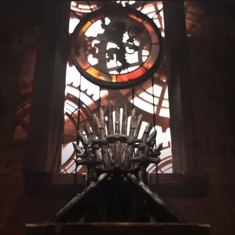 The Iron Throne stands under the lion sigil in the season eight opening credits