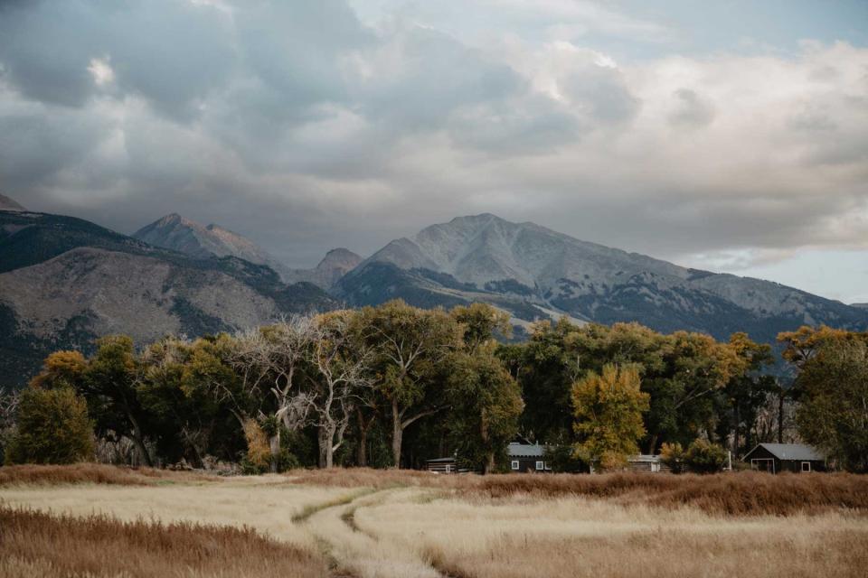 Ranch houses in the trees with mountains in the background