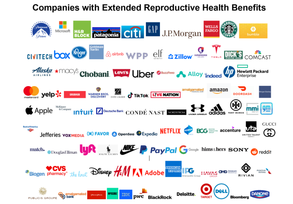 Logos of companies that support their employees' abortion rights.