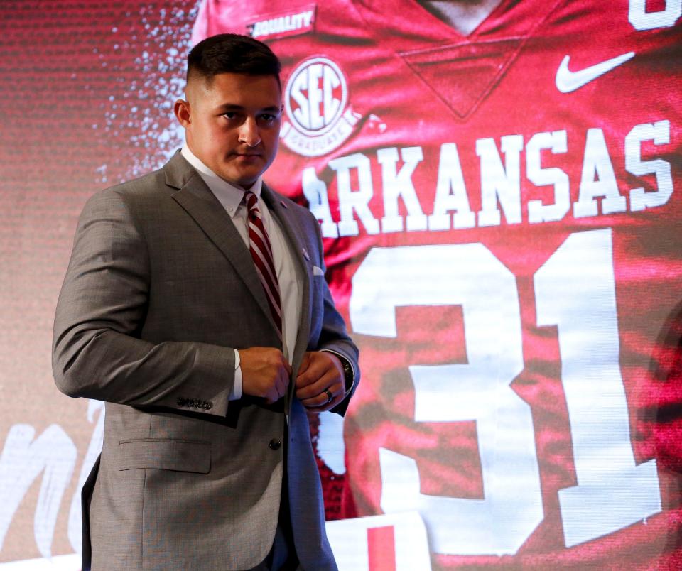 Arkansas linebacker Grant Morgan leaves the stage after his appearance in the main media room in the Hyatt Regency during SEC Media Days in Hoover, Ala., Thursday, July 22, 2021. [Staff Photo/Gary Cosby Jr.]<br>Sec Media Days Arkansas