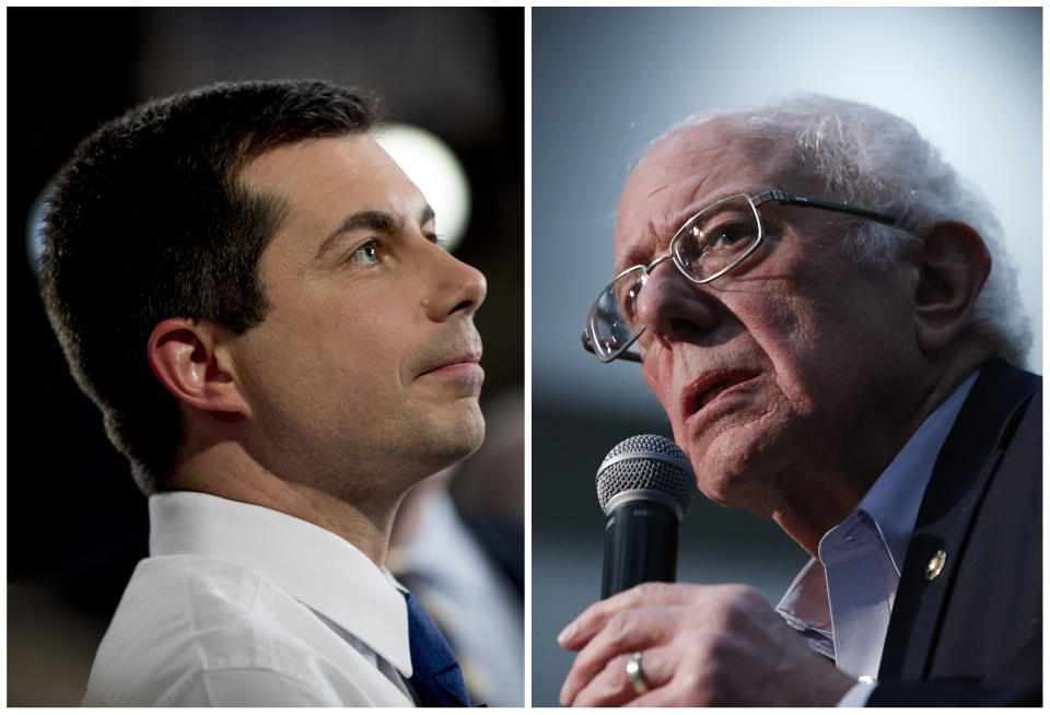 Esta combinación de imágenes, tomadas el 26 de enero de 2020, muestran al precandidato presidencial demócrata y exalcalde de South Bend, Indiana, Pete Buttigieg (izquierda), en Des Moines, Iowa; y su rival el senador de Vermont Bernie Sanders, en Sioux City, Iowa. (AP Foto)