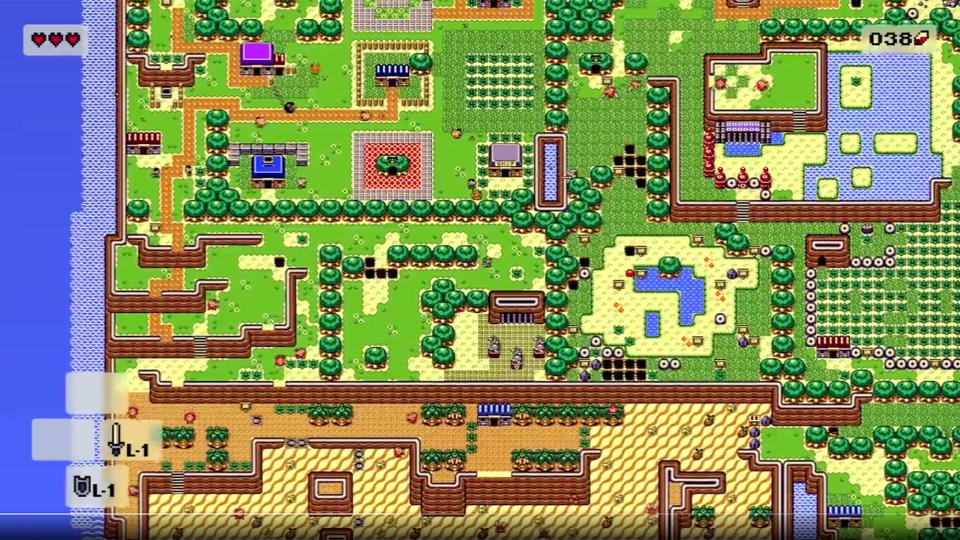 Ein von Fans erstelltes Remake von The Legend of Zelda: Link's Awakening, das den größten Teil des südwestlichen Teils der Insel Koholint zeigt, während Link umherstreift.  Die Farbgrafik des Game Boy von 1990 wurde über das hinaus verkleinert, was diese Konsole unterstützt.