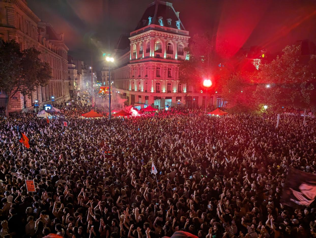 PARIS, FRANCE - JUNE 30: Demonstrators gather in Place de la Republique, to protest against the rising right-wing movement after the Rassemblement National's victory in the first round of early general elections in Paris, France on June 30, 2024. (Photo by Luc Auffret/Anadolu via Getty Images)