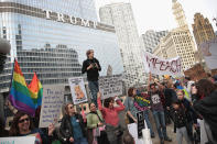 <p>Demonstrators stage a Presidents’ Day protest near Trump Tower on Feb. 20, 2017, in Chicago. The demonstration was one of many anti-Trump rallies held around the country on the federal holiday and billed as “Not My President’s Day.” (Scott Olson/Getty Images) </p>