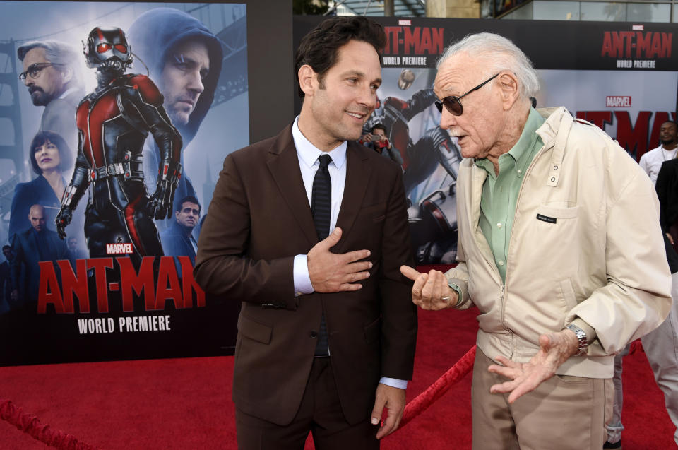 Paul Rudd, left, star of "Ant-Man," mingles with executive producer Stan Lee at the premiere of the film at The Dolby Theatre on June 29, 2015, in Los Angeles.