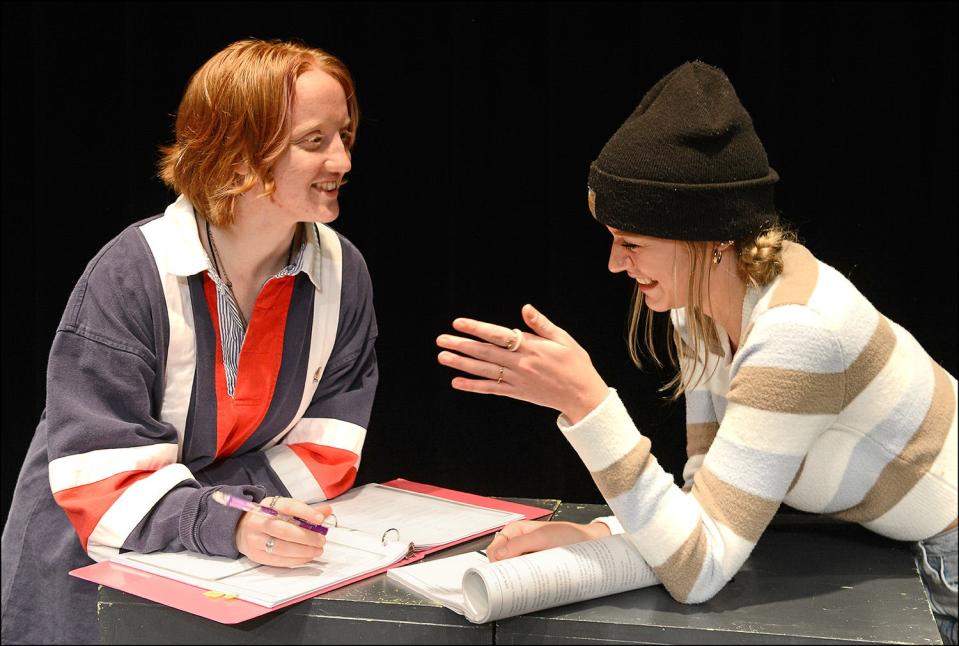 Em Muchard (left), a 2021 Avon High School graduate, and Terra Bouwens, a 2022 Hilton High School graduate, rehearse a scene from "Tick, Tick ... Boom!" which will be staged at FLCC Nov. 17-19.