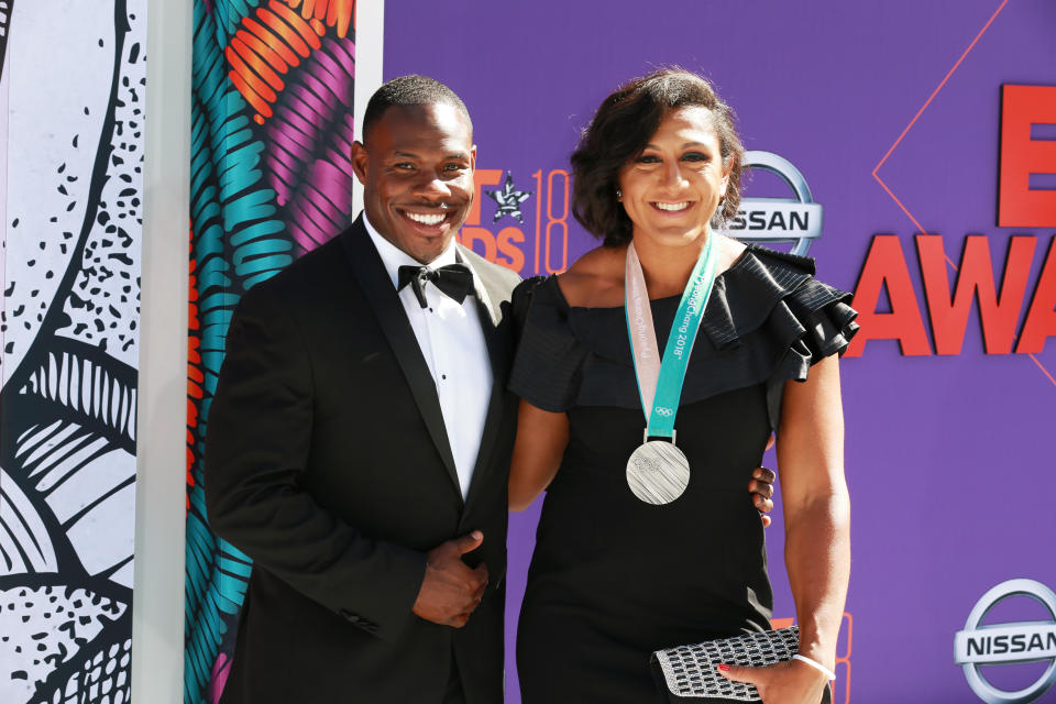 LOS ANGELES, CA - JUNE 24:  Elana Meyers Taylor (R) attends the 2018 BET Awards at Microsoft Theater on June 24, 2018 in Los Angeles, California.  (Photo by Leon Bennett/Getty Images)