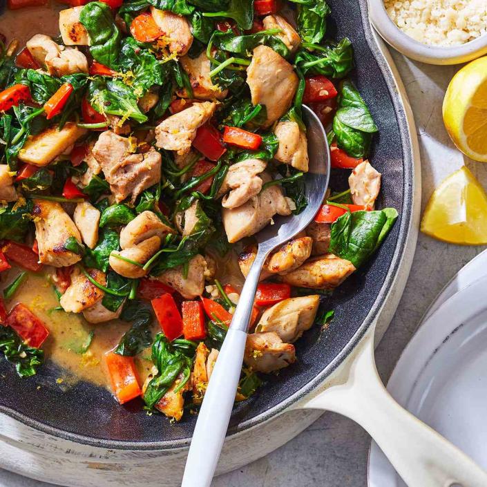 <p>This simple, ultra-quick chicken dinner—packed with spinach and peppers—is delicious on its own or served over brown rice or your favorite pasta. <a href="https://www.eatingwell.com/recipe/278875/skillet-lemon-chicken-with-spinach/" rel="nofollow noopener" target="_blank" data-ylk="slk:View Recipe" class="link ">View Recipe</a></p>