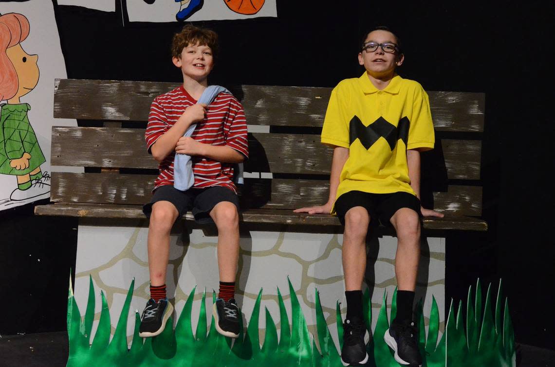 Columbia High School’s Spotlight Theatre presents “Snoopy! The Musical” Nov. 9-12. Pictured: fifth-grader Owen Mather as Linus and eighth-grader Noah Calhoun as Charlie Brown.