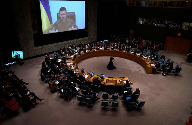 Ukrainian President Volodymyr Zelenskyy remotely addresses a meeting of the United Nations Security Council in New York City on April 5. (Photo: TIMOTHY A. CLARY via Getty Images)