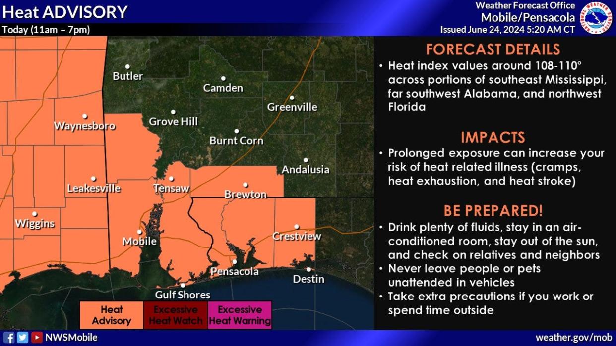 A heat advisory has been issued across Florida's Panhandle, North and Northeast Florida June 24, 2024.