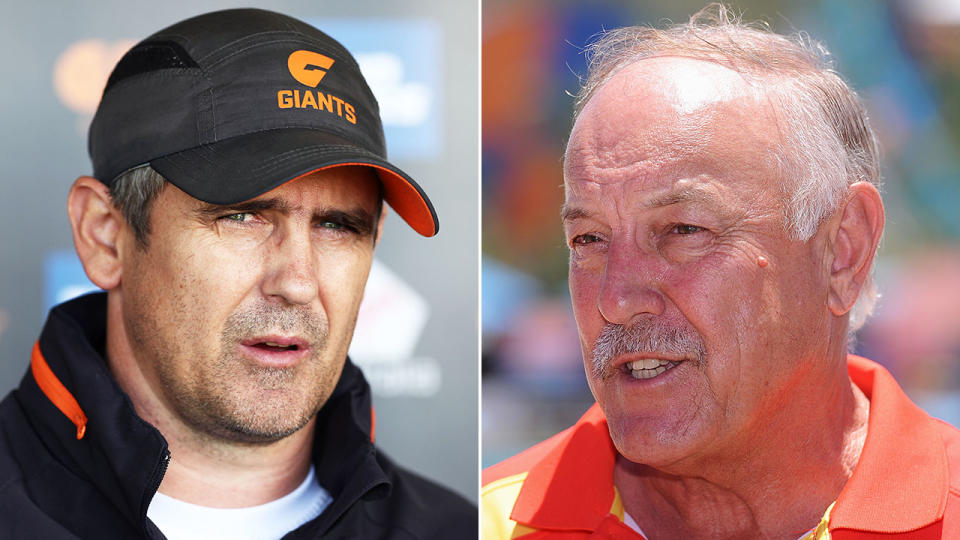 Giants AFL coach Leon Cameron, left, wasn't pleased with Malcolm Blight, right, and his commentary on star player Toby Greene.