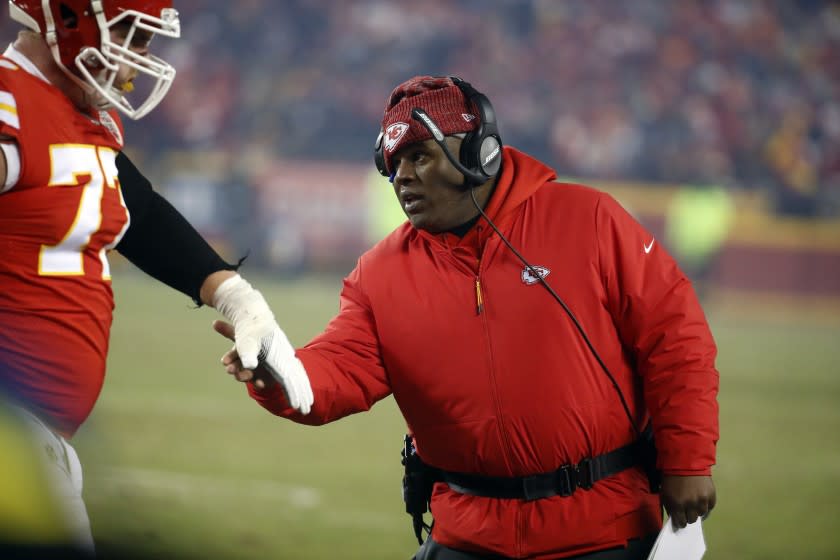 FILE - In this Jan. 20, 2019, file photo, Kansas City Chiefs offensive coordinator Eric Bieniemy.