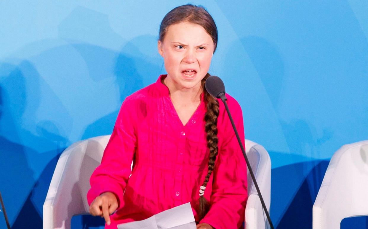 Greta Thunberg speaking at the United Nations general assembly on Monday - REX