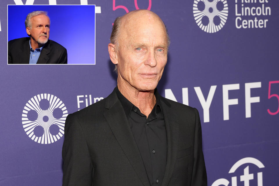 Ed Harris attends the premiere of "The Lost Daughter" during the 2021 New York Film Festival and in the other image director James Cameron attends Meet The Filmmaker: James Cameron at Apple Store Soho on April 12, 2012 in New York City