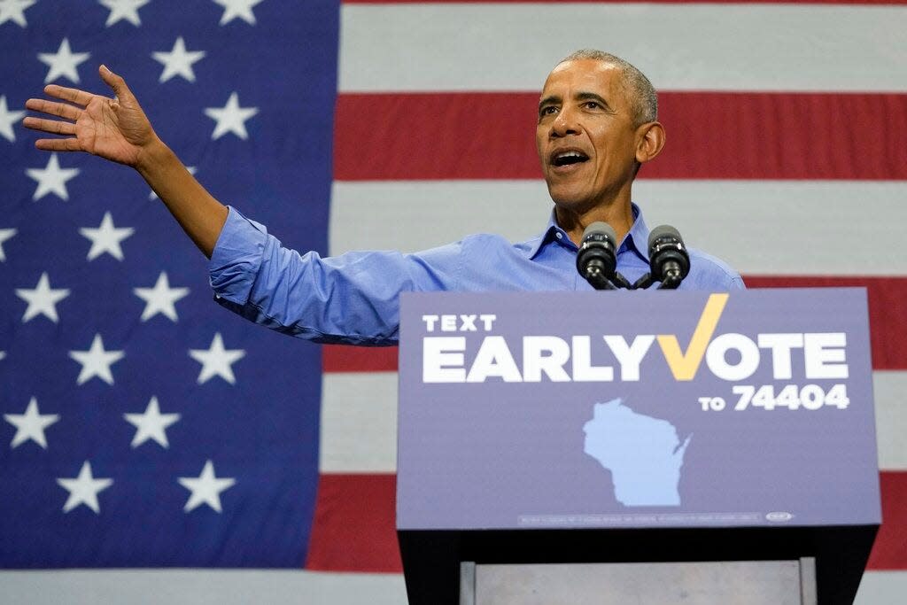 Former President Barack Obama delivers a speech at a Democratic rally in Milwaukee, Wisconsin, on October 29, 2022.