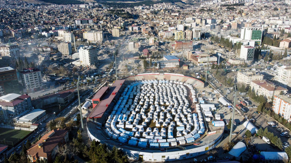 A view of 12 Subat Stadium after tents set up by the Turkish Disaster Management Agency (AFAD) for earthquake victims, in the city center of Kahramanmaras on Feb. 15, 2023.<span class="copyright">Mehmet Kaman—Anadolu Agency/Getty Images</span>