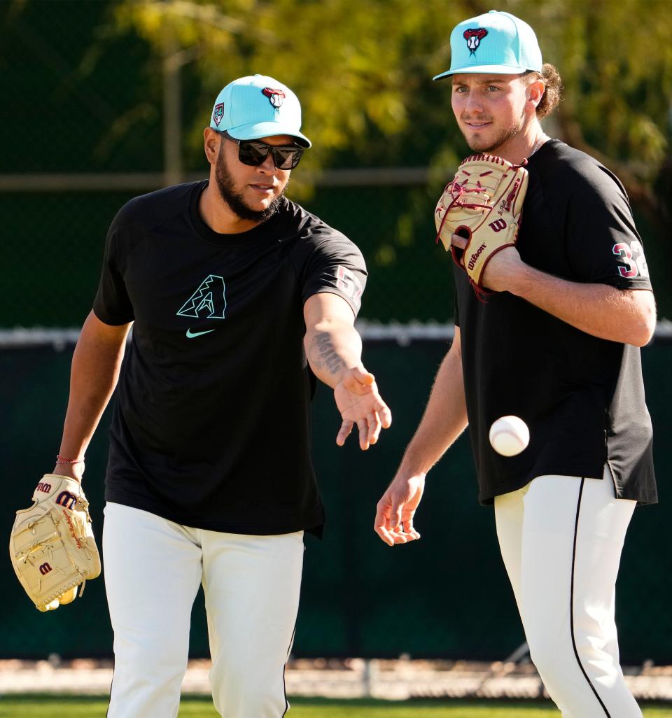 Arizona Diamondbacks pitchers Eduardo Rodriguez and Brandon Pfaadt (right) during spring training workouts at Salt River Fields at Talking Stick near Scottsdale on Feb. 15, 2024.