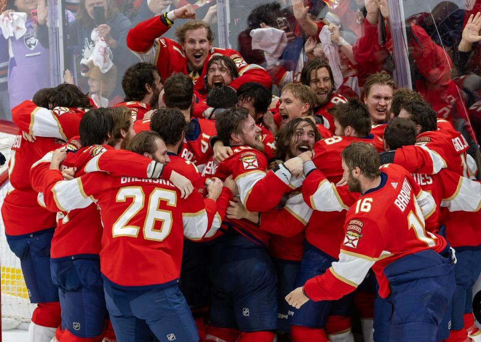 Florida Panthers players celebrate after winning Stanley Cup over the Edmonton Oilers in Game 7 of the NHL Stanley Cup Final