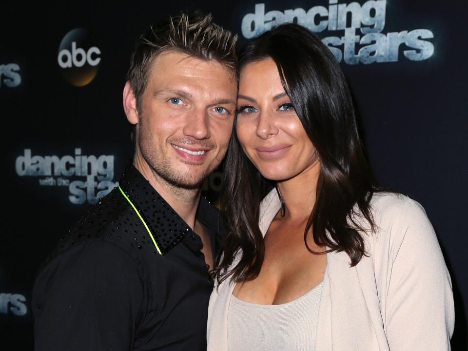 Nick Carter (L) and wife Lauren Kitt attend 'Dancing with the Stars' Season 21 at CBS Televison City on November 2, 2015 in Los Angeles, California