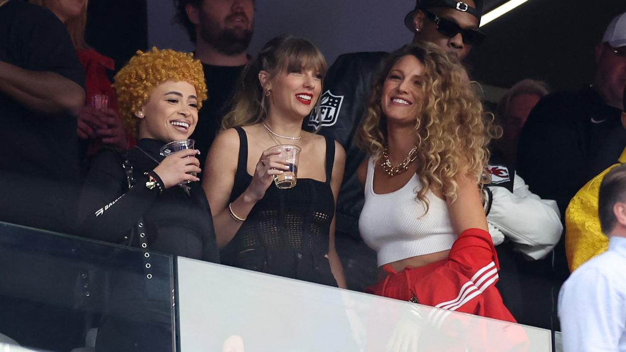 Singer Taylor Swift and Actress Blake Lively react prior to Super Bowl LVIII between the San Francisco 49ers and Kansas City Chiefs at Allegiant Stadium on February 11, 2024 in Las Vegas, Nevada.