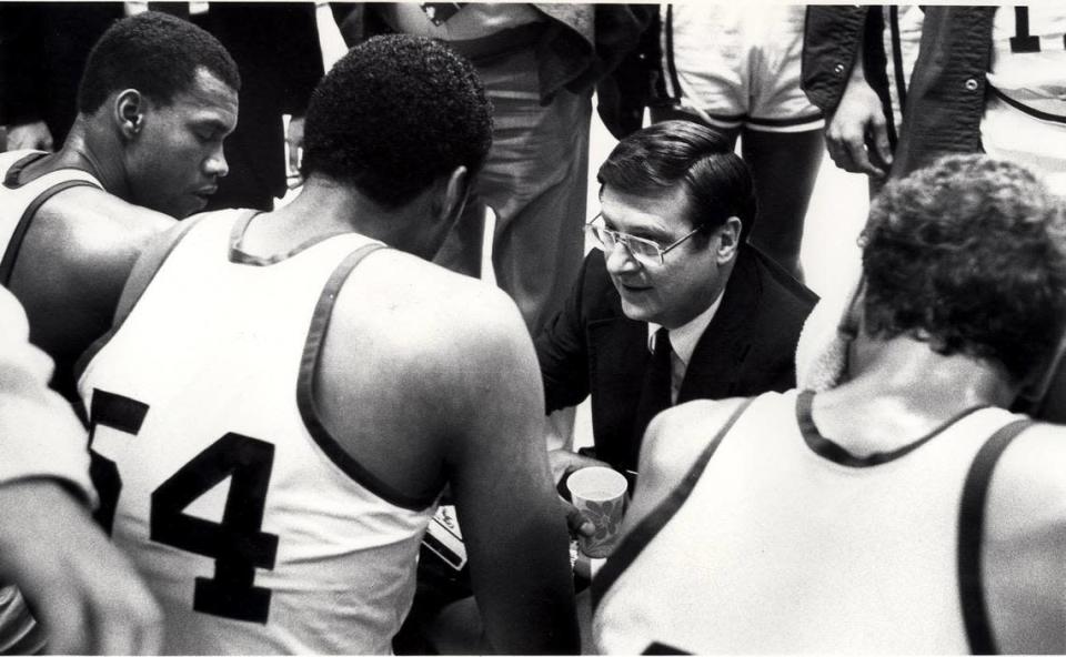 Joe B. Hall talked to Fred Cowan, Melvin Turpin and Sam Bowie during Kentucky&#x002019;s game against Maine in Rupp Arena in 1980.