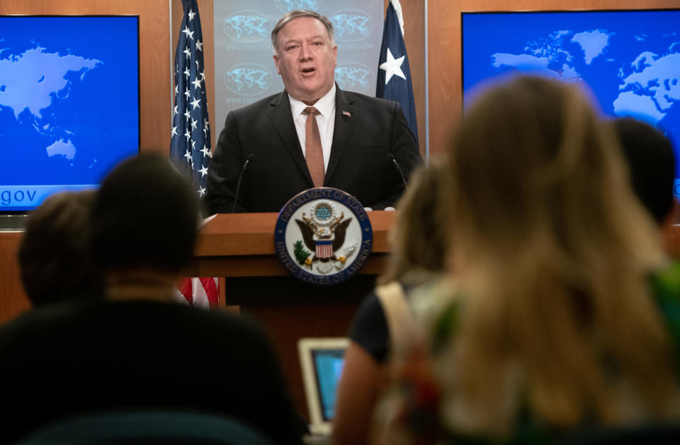 US Secretary of State Mike Pompeo announces that the US will designate Iran's Islamic Revolutionary Guard Corps (IRGC) as a Foreign Terrorist Organization (FTO) during a press conference at the State Department in Washington, DC, April 8, 2019. (Saul Loeb/AFP via Getty Images)