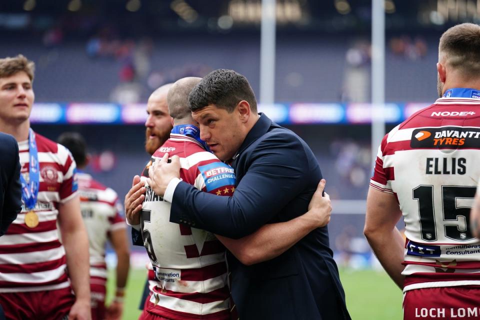 Liam Marshall, pictured hugging Matt Peet, scored the winning try (Mike Egerton/PA) (PA Wire)