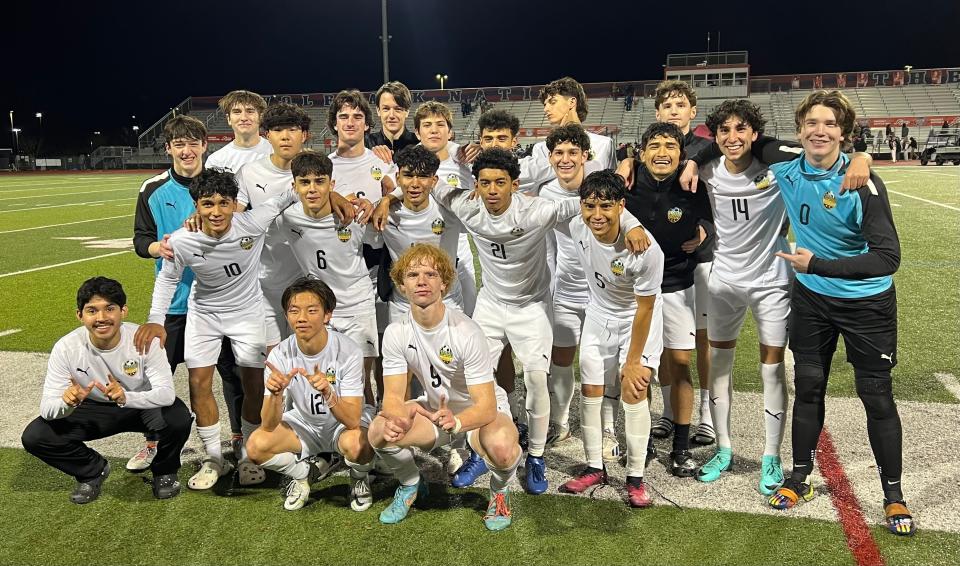The Thousand Oaks High boys soccer team poses for a photo after beating Great Oak 2-0 in a CIF-SS Division 3 second-round game at Temecula on Friday, Feb. 9, 2024.