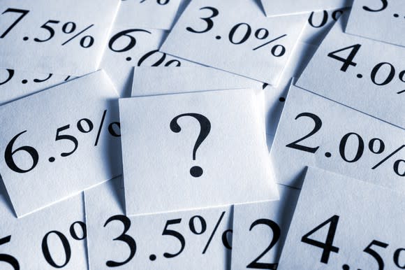 Interest rates written on squares of paper, with a question mark printed on the center square.