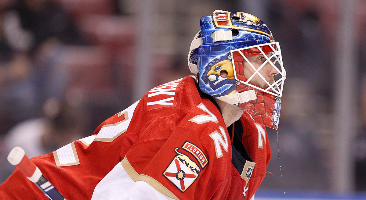 Chris Driedger of the Florida Panthers looks back on a score by