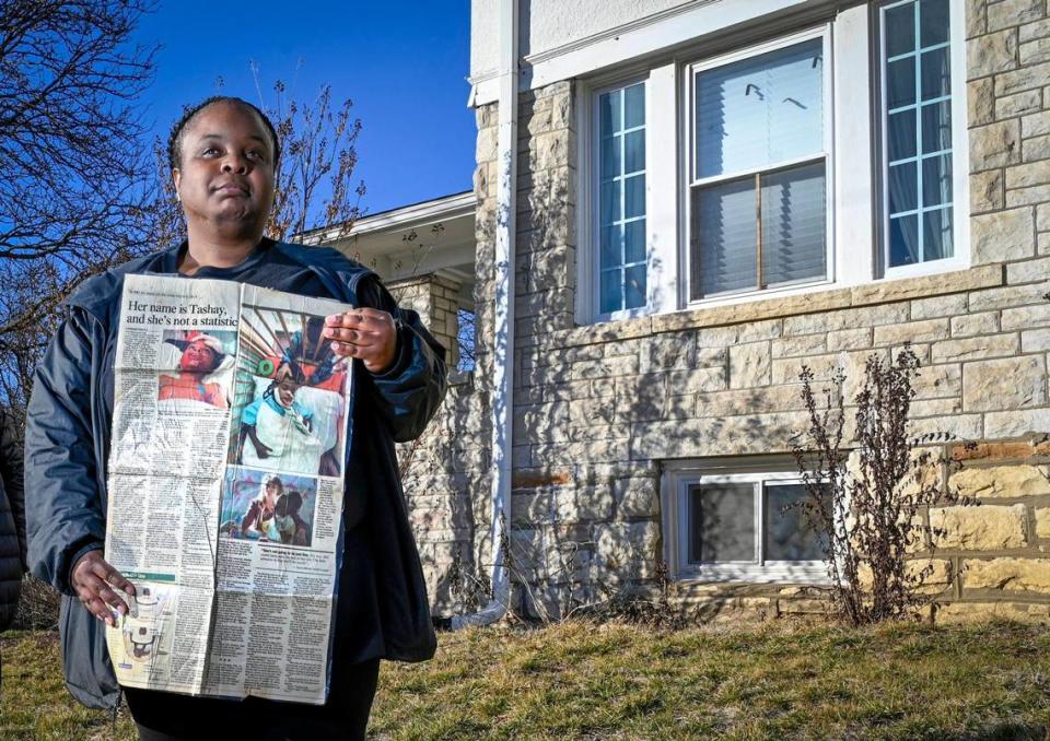 Thirty years later, Tashay Campbell, 36, displays the front page story of the night, Feb. 4, 1994, when a stray bullet hit her in the face while she played in her grandmother’s house.