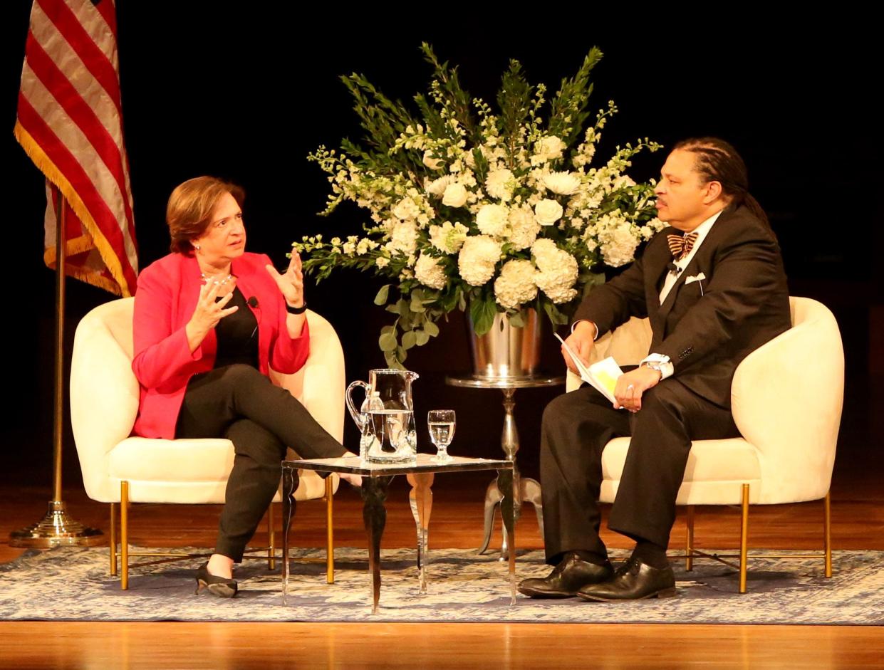 G. Marcus Cole, at right, dean of the Notre Dame Law School, listens to U.S. Supreme Court Associate Justice Elena Kagan on Friday, Sept. 22, 2023, during a conversation on democracy at the DeBartolo Performing Arts Center on the University of Notre Dame campus in South Bend.