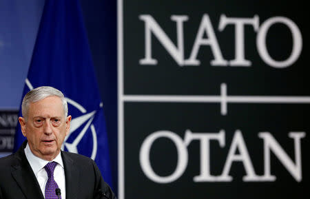 U.S. Secretary of Defence Jim Mattis addresses a news conference during a NATO defence ministers meeting at the Alliance headquarters in Brussels, Belgium, February 15, 2018. REUTERS/Francois Lenoir