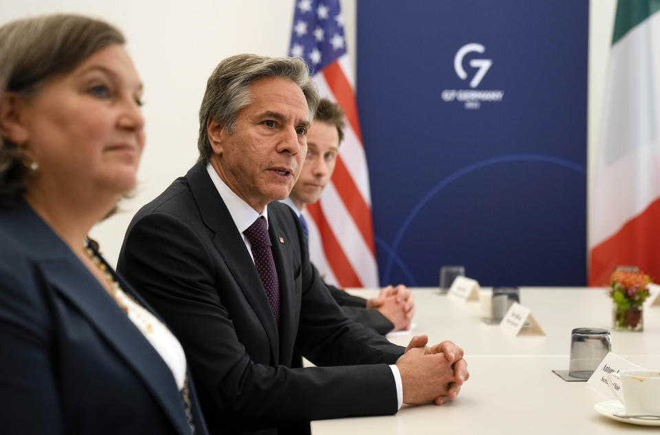 United States secretary of state Antony Blinken, center, talks during his meeting with Antonio Tajani of Italy at bilateral talks at the G7 Foreign Ministers's Meeting in Muenster, Germany, Friday, Nov. 4, 2022. (AP Photo/Martin Meissner, Pool)