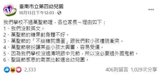 台南一所幼兒園申明「不會過萬聖節」，並列出6個原因，引發網友一面倒贊同聲浪。（翻攝自臺南市立第四幼兒園臉書）