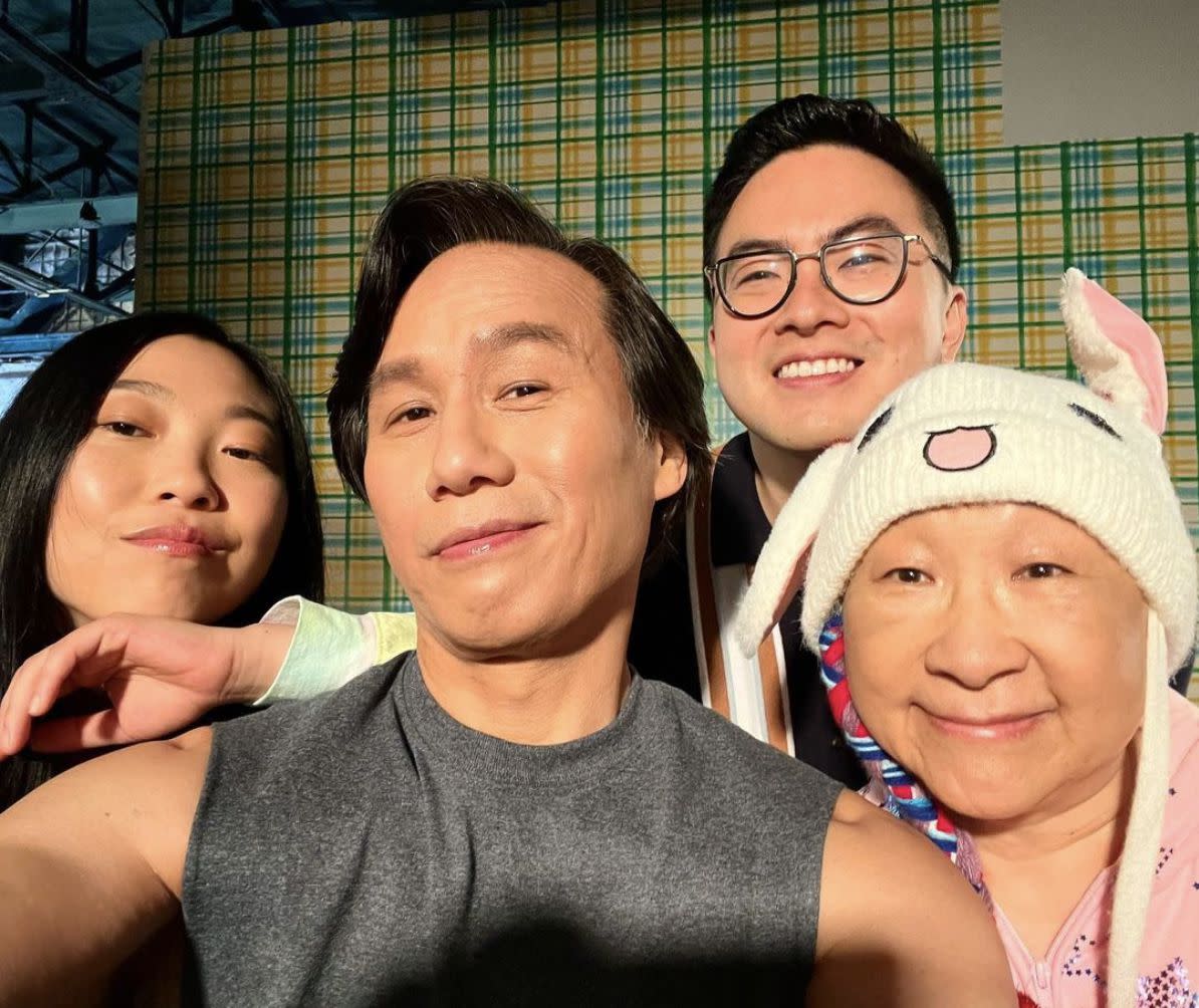 (L-R) Awkwafina, BD Wong, Bowen Yang and Lori Tan Chinn all smile for a selfie while on set of "Nora From Queens" over the weekend. Awkwafina captioned the cast photo: "Family. Here’s to an almost wrap on season 2"