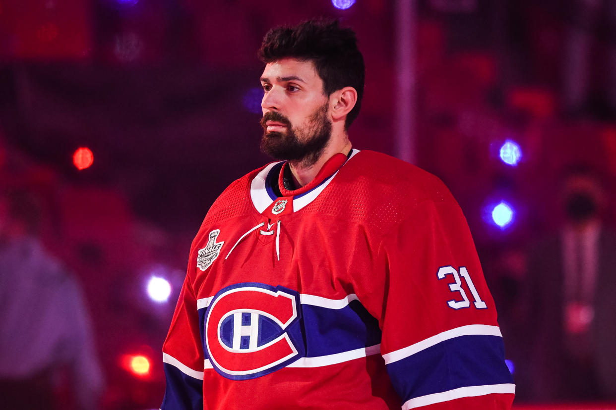 MONTREAL, QC - JULY 05: Look on Montreal Canadiens goalie Carey Price (31) during the national anthem before the NHL Stanley Cup Playoffs Final game 4 between the Tampa Bay Lightning versus the Montreal Canadiens on July 05, 2021, at Bell Centre in Montreal, QC (Photo by David Kirouac/Icon Sportswire via Getty Images)