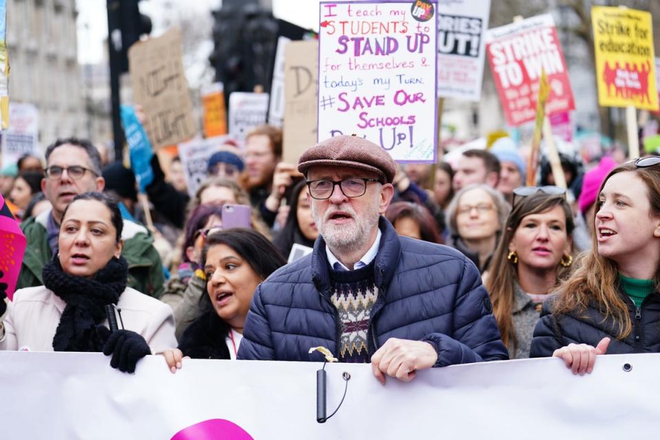 Former Labour party leader Jeremy Corbyn joins members of the National Education Union (NEU) on a march through Westminster where they are gathering  for rally against the Government’s controversial plans for a new law on minimum service levels during strikes (PA)