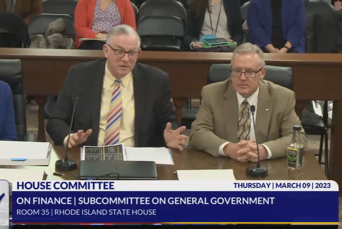 A screenshot from a stream of a Rhode Island House Finance Committee meeting on March 9, 2023, shows then-Department of Administration Director James Thorsen, left, and David Patten, director of the state's property management division, right.