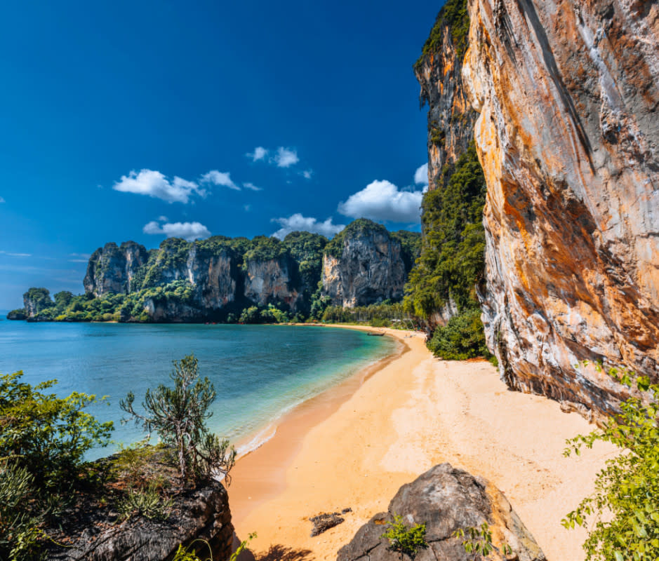 The limestone-walled shores of Krabi are a prelude to its spectacular, island-studded bay.<p>Getty Images</p>