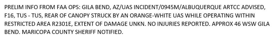 The full FAA log entry regarding the F-16 mid-air collision with the drone while flying within R-2301E. <em>FAA</em>